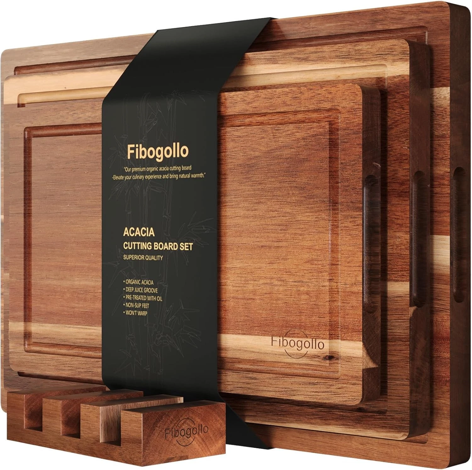 Acacia Wood Cutting Boards Kitchen Set of 3 Wooden Chopping Boards Set W/ Juice