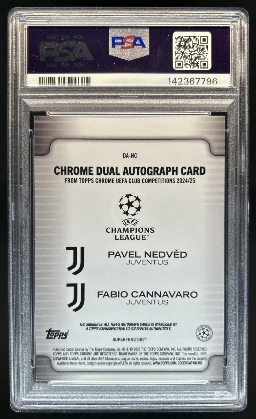 2024-25 Topps Chrome Pavel Nedved Fabio Cannavaro Auto Superfractor #1/1 PSA 9 view 2