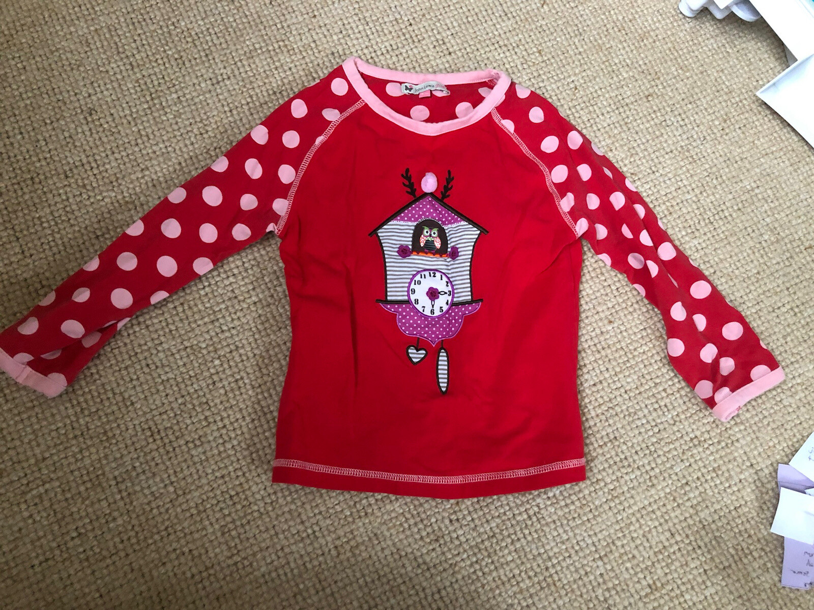 Red Long Sleeve John Lewis Top with clock motif. Age 5 eBay
