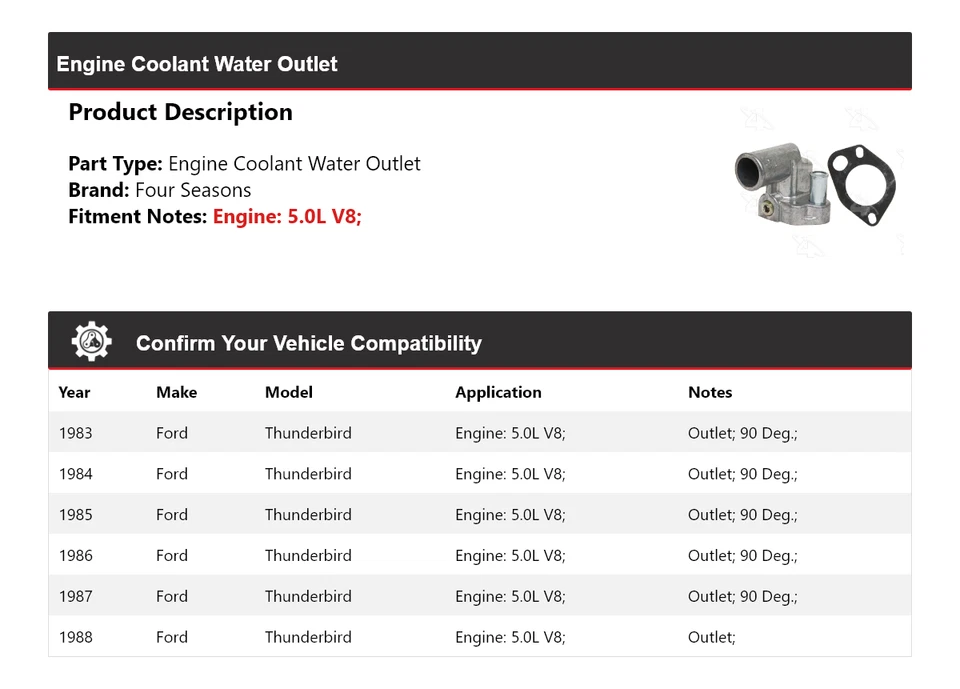 Para Ford Thunderbird 1983-1988 5,0 L motor V8 salida de agua de refrigerante 4 estaciones Foto 2 de 4