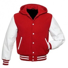 New Red Wool Varsity Letterman College Hooded Jacket White Leather Arms Hoodie