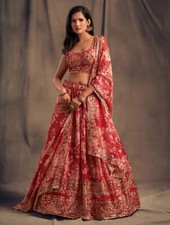 Red Color Organza Lehenga Choli With Dupatta For Indian Reception Wear