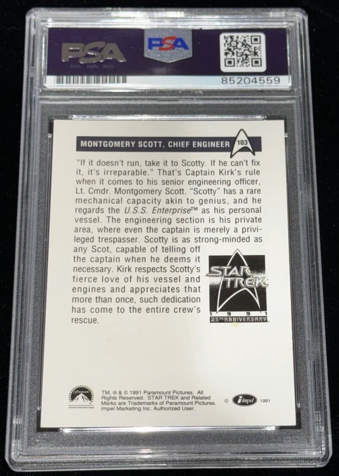 Tarjeta de novato James Doohan "Beam Me Up Scottie" Impel STAR TREK firmada automática RC PSA Foto 2 de 2