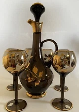 6 Vtg  Romanian Blown Glass Wine Goblets &  Wine Decanter  Smoky Purple   Unused
