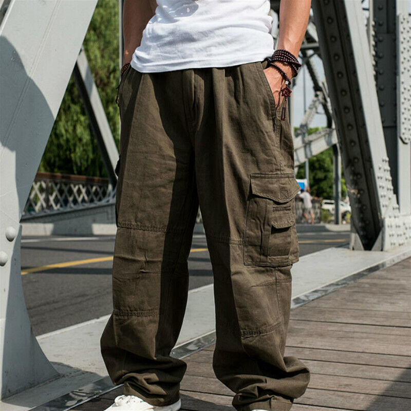 Men Loose Baggy Cargo Pants Trousers Hip Hop Pockets Casual Sports