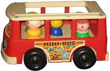 Vintage 1969 FISHER PRICE Red Mini-Bus with 5 Little People 2/Wooden made in USA