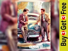 Nostalgic Retro Men and Car, Watercolor Painting Print 5"x7" on Matte Paper