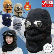 Winter Thermal Trapper Hat With Glasses Warm Full Neck Face Mask Goggles Ski Hat