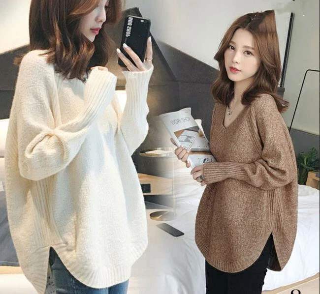Spring and Autumn big V-neck sweater women new pullover loose knit top