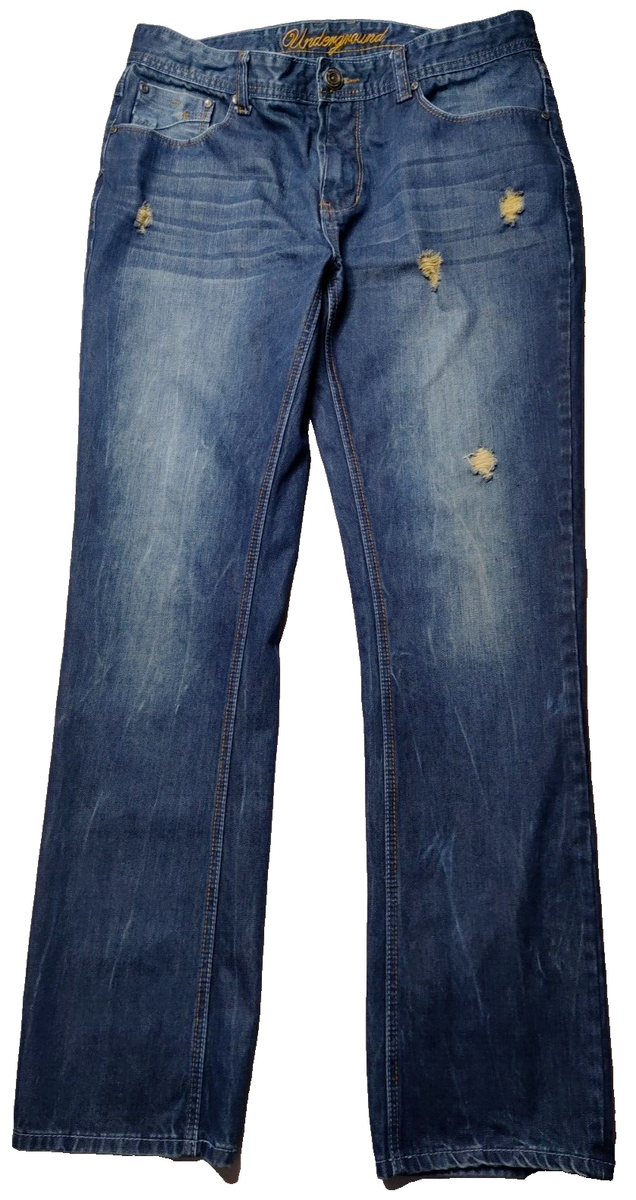 UNDERGROUND INDUSTRY Men 36X34 Distressed Denim Designer Blue Jeans
