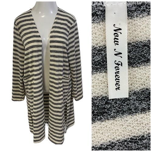 Now N Forever Sweater Womens 1X Cardigan Longline Gray Stripe Boho - Picture 1 of 11