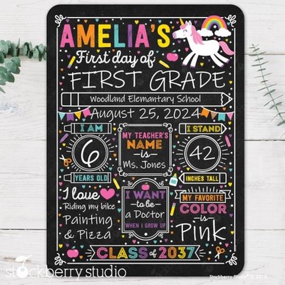 Unicorn First Day of School Sign Reusable Personalized Girl Dry Erase Board