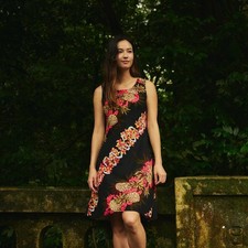 Vtg 90's Hilo Hattie Hawaiian Original Dress XS Black Tropical Pineapple Rayon