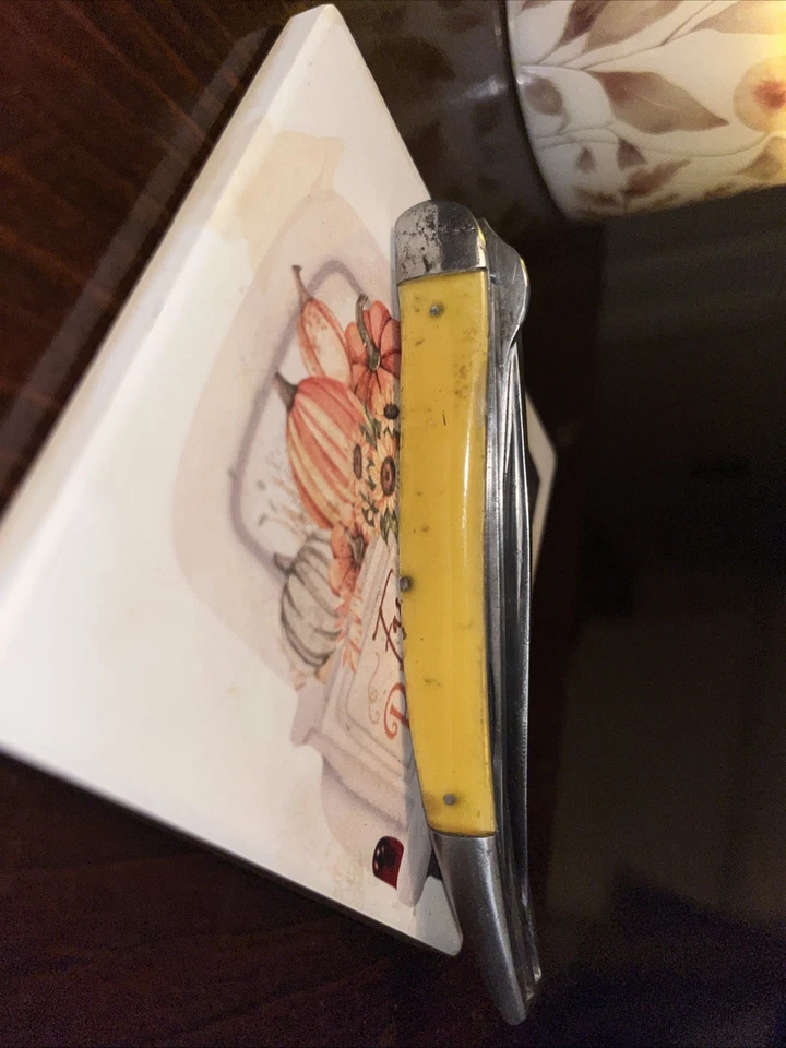 Cuchillo de pescado LL Bean vintage con mango amarillo de dos hojas de acero inoxidable Foto 3 de 4