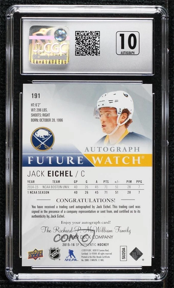 2015-16 SP Authentic Future Watch /999 Jack Eichel #191 CGC 8.5 Rookie Auto RC - Image 2 of 2