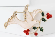 BROOCH-Beautiful Dove of Peace with Berries Branch, Enameled with Rhinestone