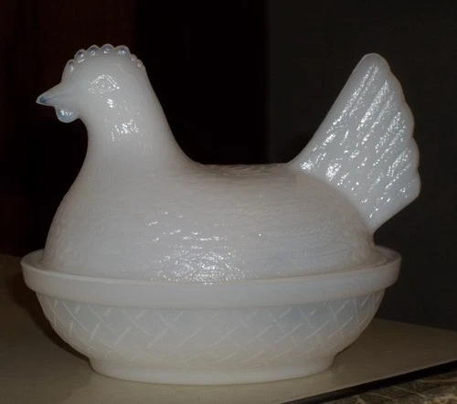 Vintage Hazel Atlas Hen On A Nest White Opaline Milk Glass Lidded Dish c. 1940s