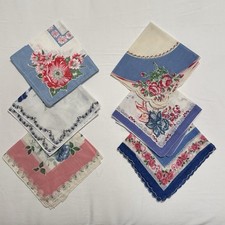 Vtg Lot Of 6 Print Hankies Handkerchief Floral Blue/Pink Crafting Cutter 50s 6