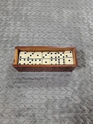 Dominoes Double 6 Set of 28 Ceramic Porcelain Dovetailed Wood Box Vintage NO LID