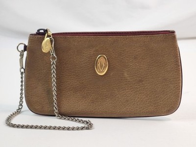 AUTHENTIC MUST DE CARTIER TAN BEIGE LEATHER WALLET KEY COIN PURSE CHAIN CARD