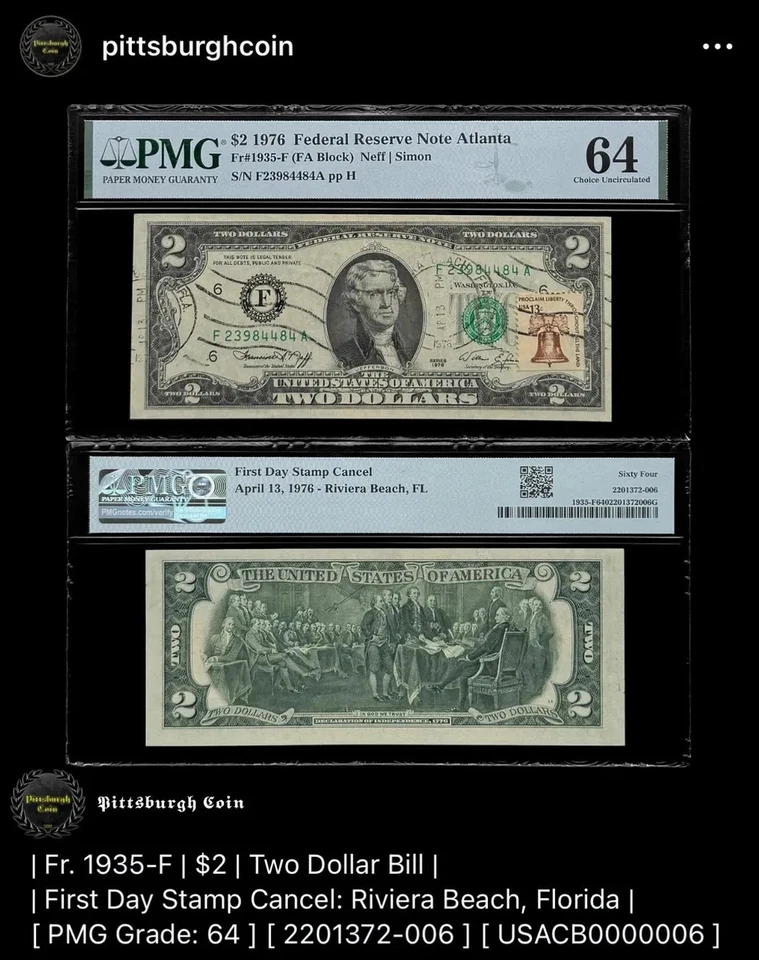 FR 1935-F 1976 $2 Two Dollar Bill First Day Stamp Cancel PMG 64 - Image 2 of 2