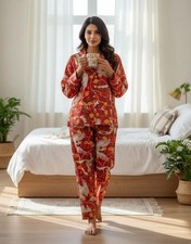 Authentic Handmade Indian Hand Block Floral Women  s Cotton Nightwear Pajamas