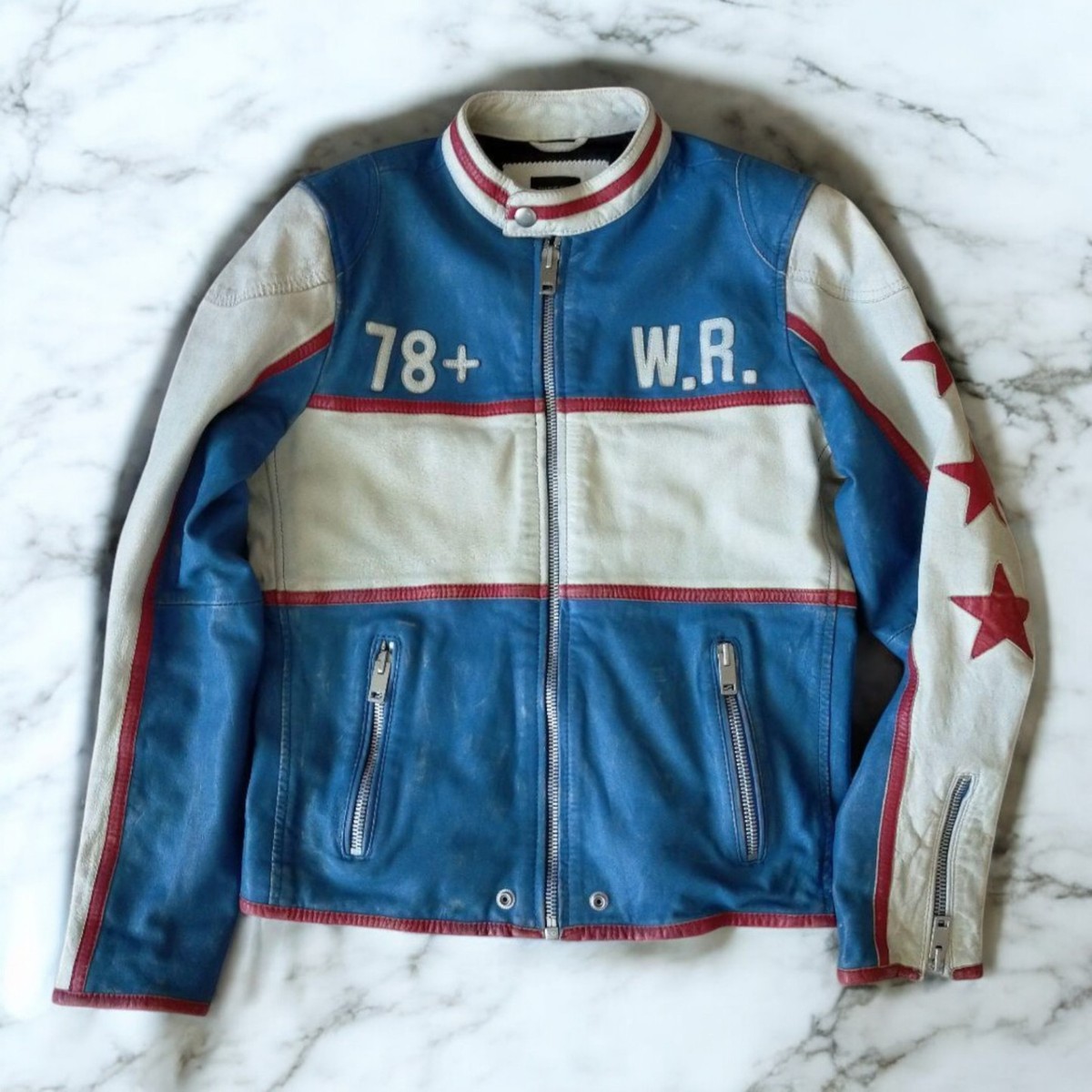 DIESEL レーシングジャケット L L-Racing Jacket ブルー DIESEL Leather Motoracing Jacket L-racing Wolf Rule In Blue
