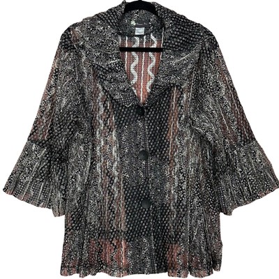 Damee Inc Floral Print Mesh Jacket Button Front Wearable Art to Wear Size Large