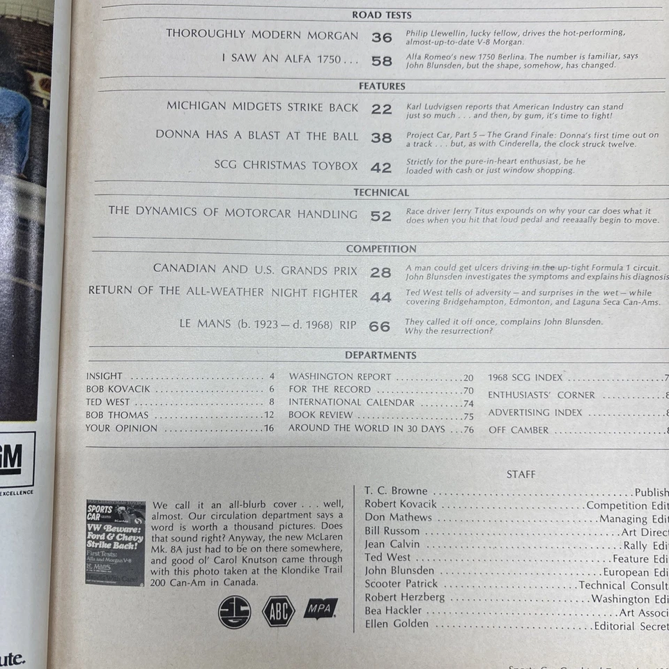 SPORTS CAR GRAPHIC DEC 1968  VW Chevy Ford Alfa Morgan Le Mans Can-Am - Image 2 of 4