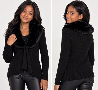 Art Class Girls XL 14/16 Black Ribbed Faux Fur Collar Cardigan Sweater