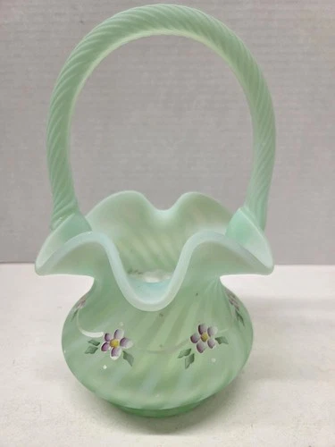Fenton Opalescent Spiral Optic Satin Green Basket Hand Painted 8" Signed Mint
