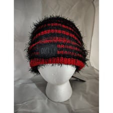 DKNY Red  Black Striped Fuzzy Knit Beanie Hat Winter Warm Stylish