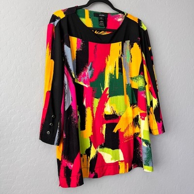 Ali Miles 2X Tunic Multicolor 3/4 Sleeve Abstract Brushstroke Button Detail Top