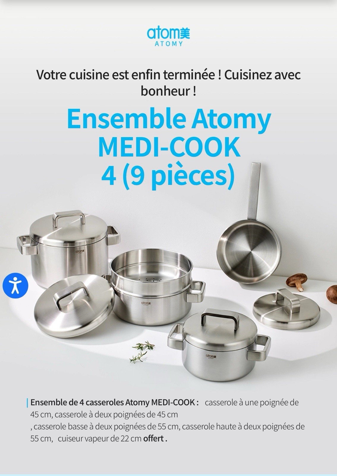 Medicook Atomy Lot 9pcs Batterie Cuisine Inox 316 Induction Magnétique Acier Inoxydable Alimentaire