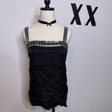 Vintage 90s Black Silk Beaded Square Neck Cami Fairy Whimsygoth Tank Top 14