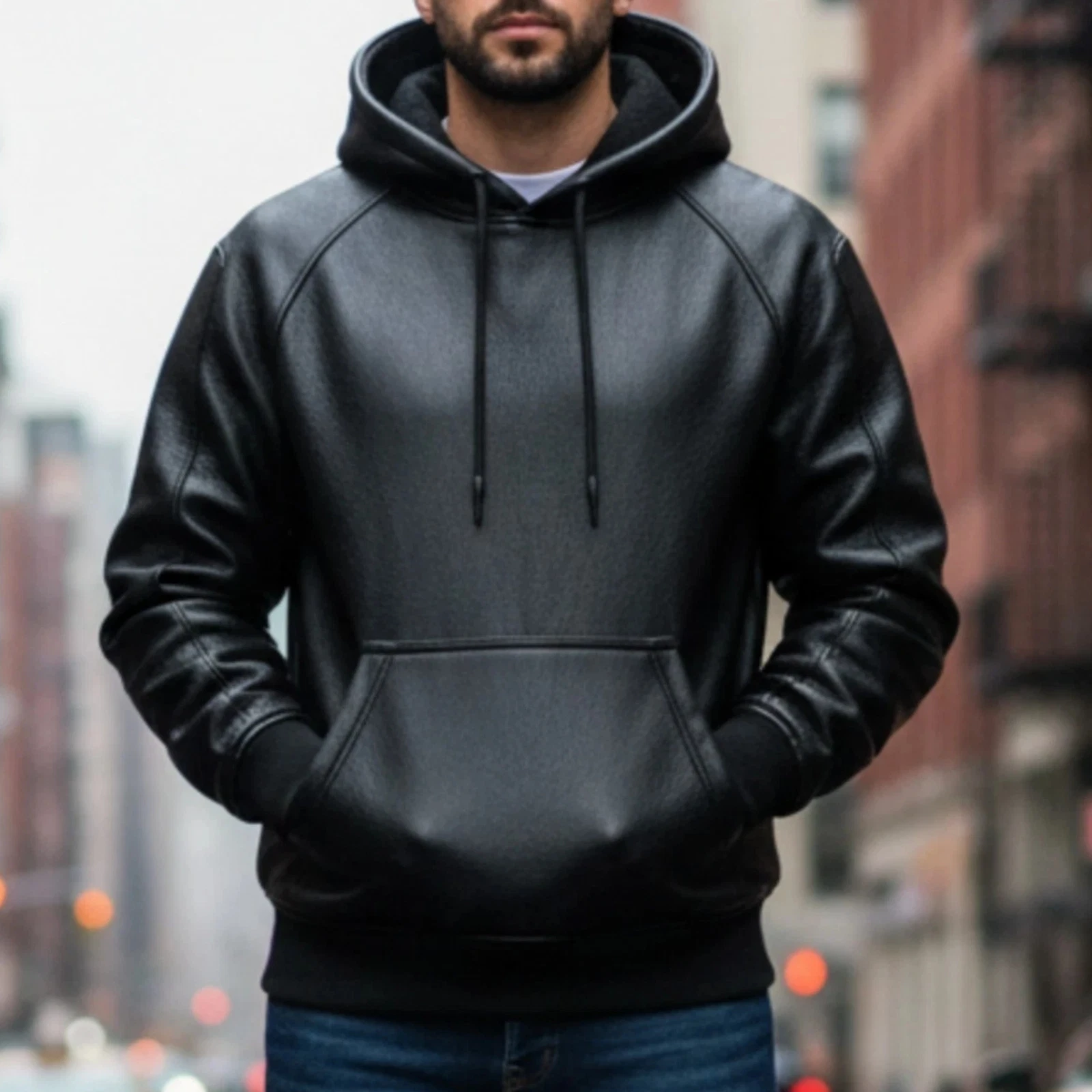 Men's Black Premium Leather Hoodie Genuine Lambskin Leather Hoodie Jacket