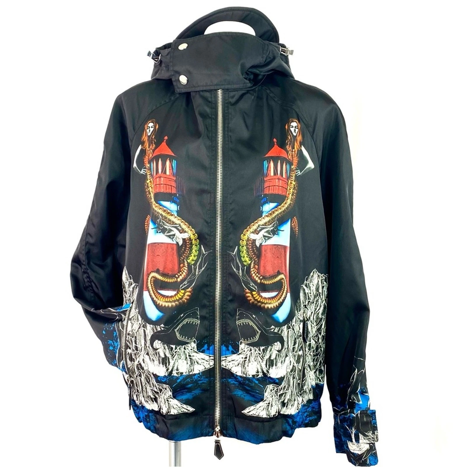 BURBERRY GIACCA BOMBER UOMO NERA CON CAPPUCCIO SIRENA GOSLING GRAFICA TAGLIA SMALL