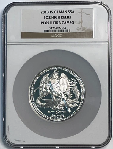 2013 Isle Of Man High Relief Angel, 5 oz .999 Fine Silver Ultra Cameo, NGC PF 69
