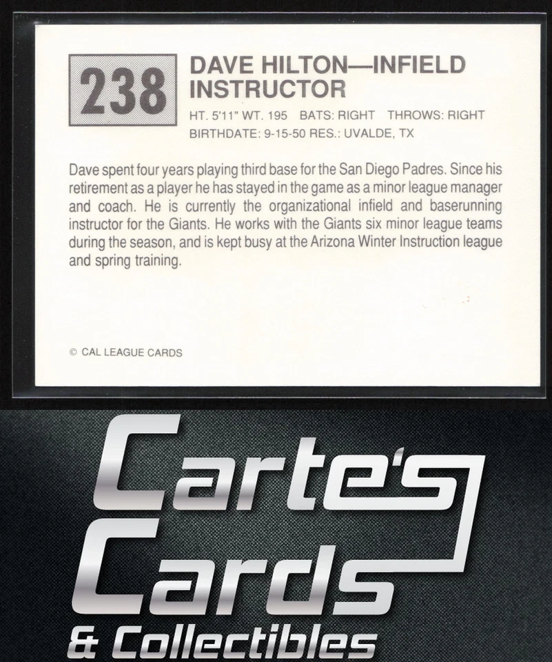 Dave Hilton 1989 Cal League #238 San Jose Giants Infield Instructor - Image 2 of 2