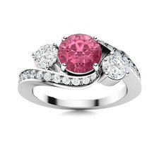 925 Sterling Silver 5MM Round Shape Pink Topaz Three Stone Women Wedding Ring