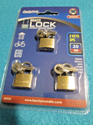 Three Small Brass Padlock Durable & Compact 20mm- Each Lock Has 2 Sets of Keys