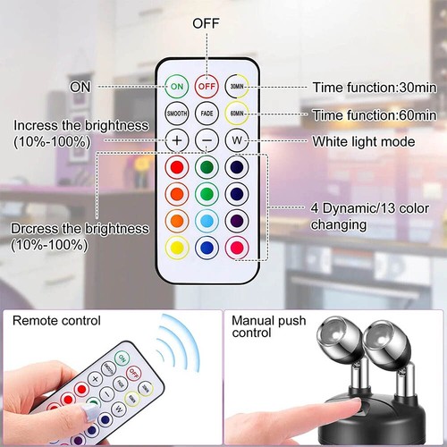 2X Wireless Spotlight RGB Colour Changing 2Head LED Puck Lights Remote Battery - Picture 4 of 10
