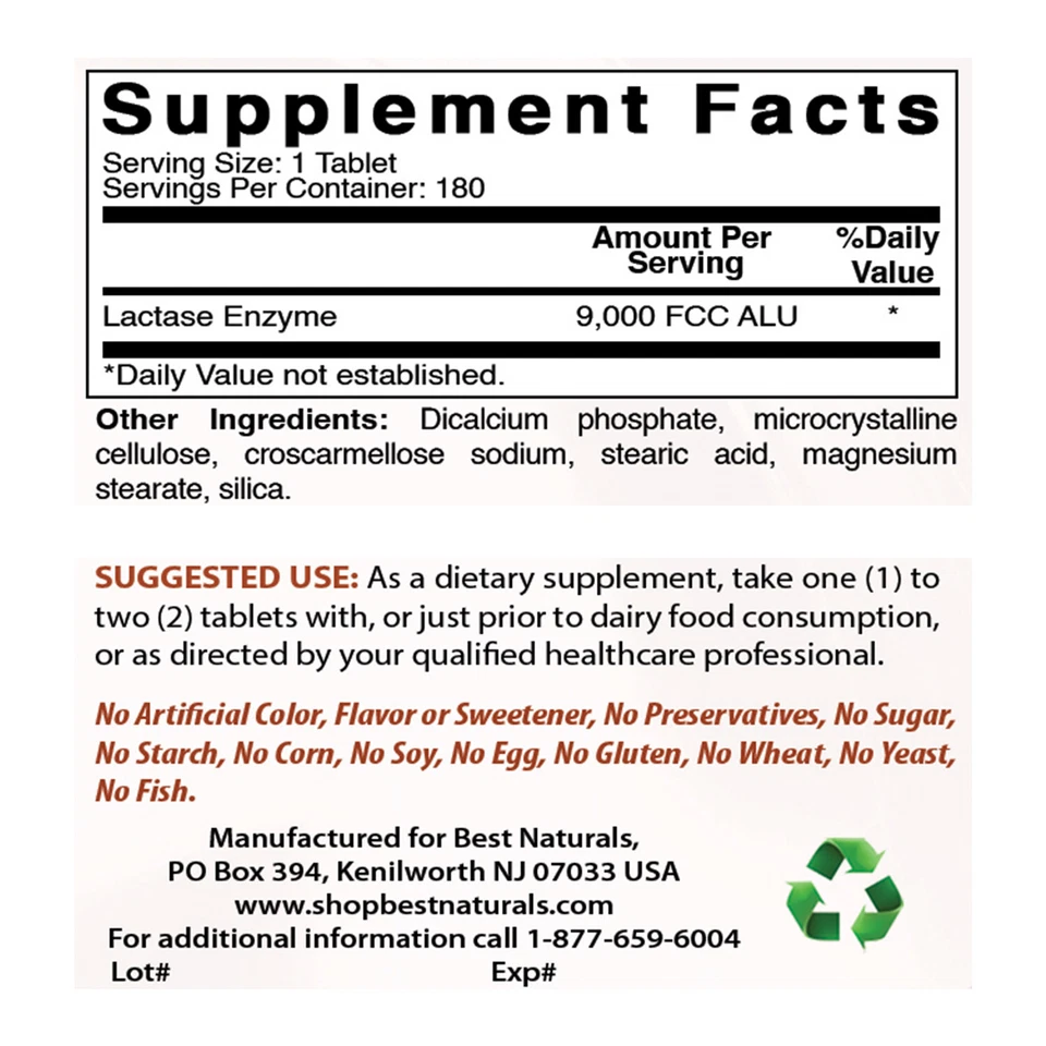 Best Naturals Enzima Lactasa 9000 FCC 180 Comprimidos  Foto 2 de 4