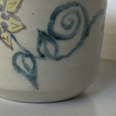 Vintage Studio Pottery Plant Pot Hand Painted House Blue Yellow 94