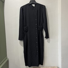 VLP Petites Womens Vintage Dress SZ 10 Black Buttons MIDI Long Sleeve