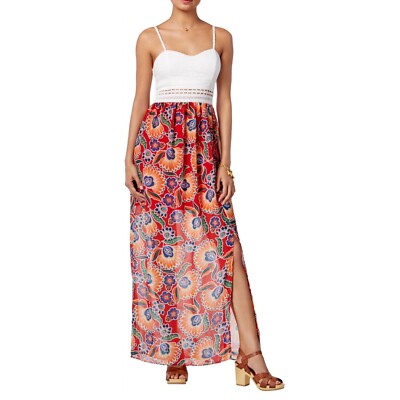 BCX White Red Crochet Lace Cut Out Sweetheart Thigh Slit Floral Maxi Dress 3