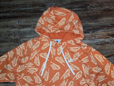 Nike NSW Club AOP All Over Print logo orange hoodie mens size