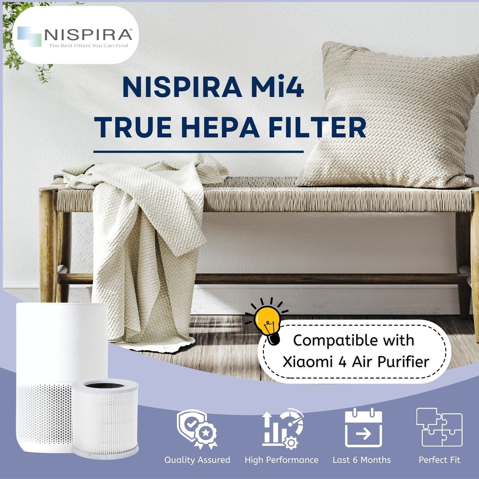 Nispira Mi4 Filter Replacement for Xiaomi 4 Compact Smart Air Purifier, 3 Packs