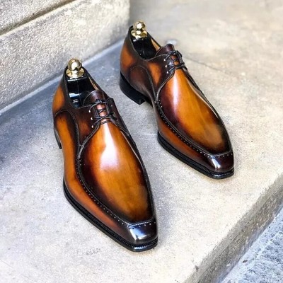 Handmade Mens Tan Leather Shoes, Derby Lace Up Dress Shoes Men Brown shoes