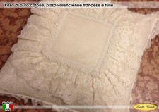 Cuscino arredamento 40x40, raso di puro cotone, tulle valencienne, pizzo macramé